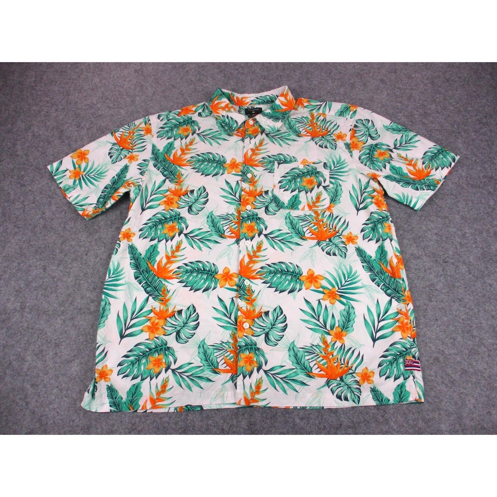 Quiksilver Shirt Mens Extra Large White Green Floral Hawaiian Flag Aloha Button